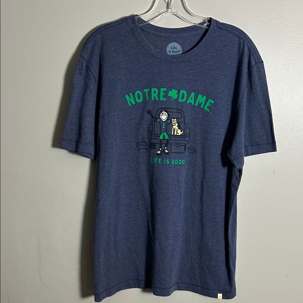 Life is Good Notre Dame Football Tailgating Dog T-Shirt Navy Blue Size Medium
